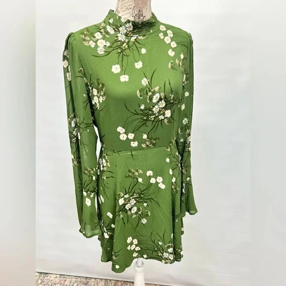 REFORMATION Lomita Green floral long sleeve open back PERSIS mini dress size 10. - Picture 10 of 16